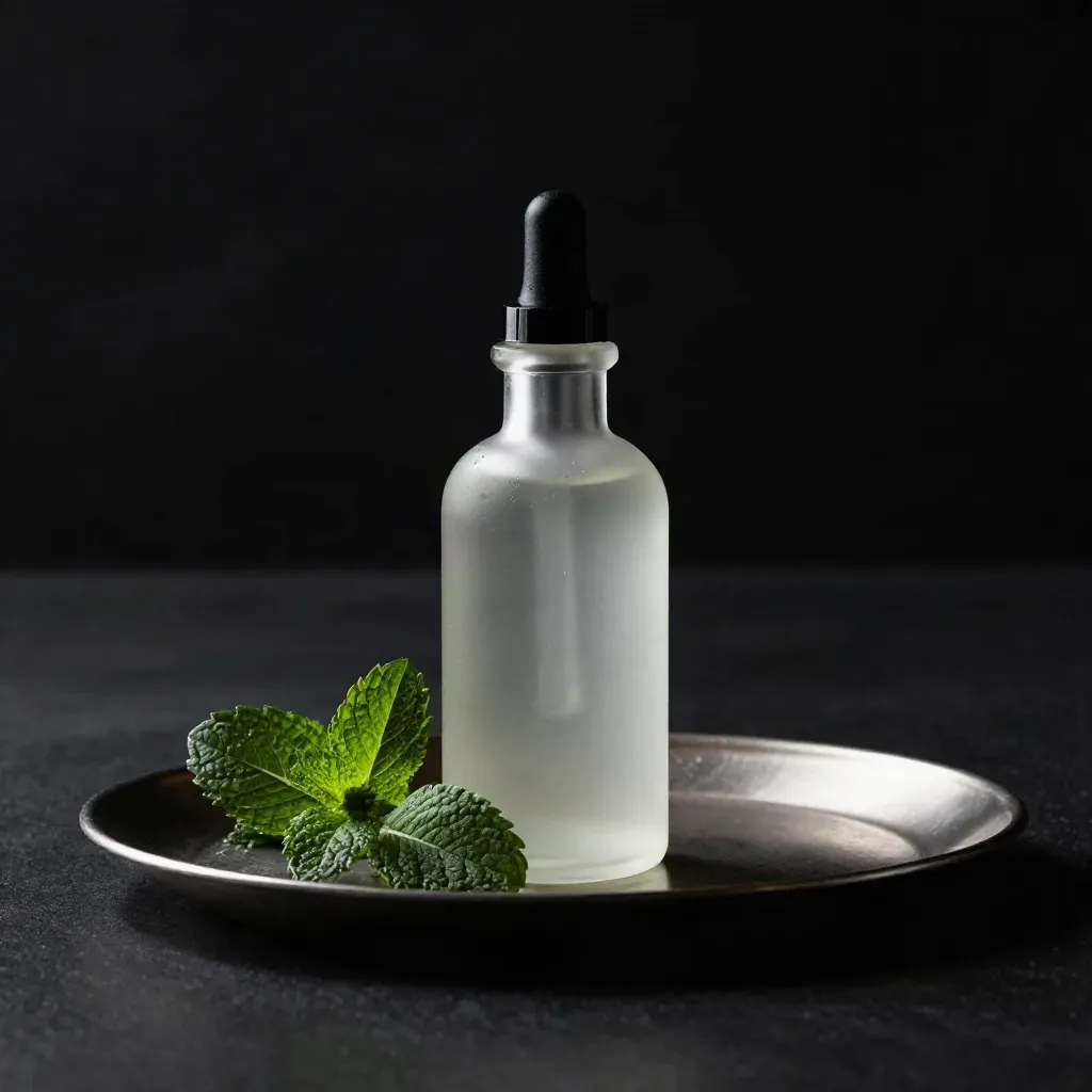 Frosted mint tincture bottle with dropper on a brushed metal tray in dramatic low-key light.
