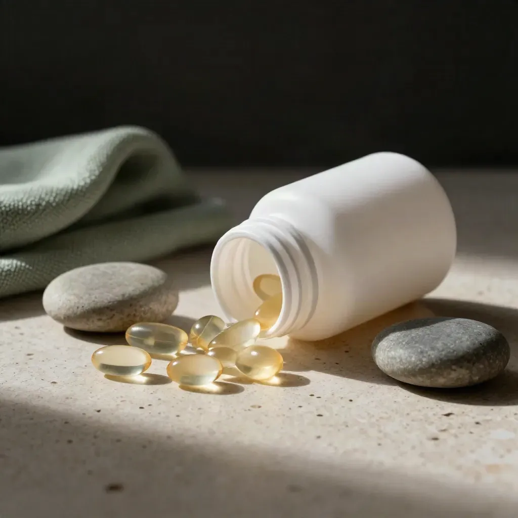 Softgels bottle with capsules, river stones and sage cloth on travertine in moody light