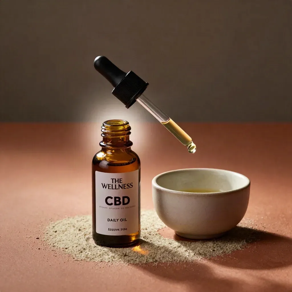 Unbranded CBD oil bottle with dropper and ceramic cup in soft terracotta light.