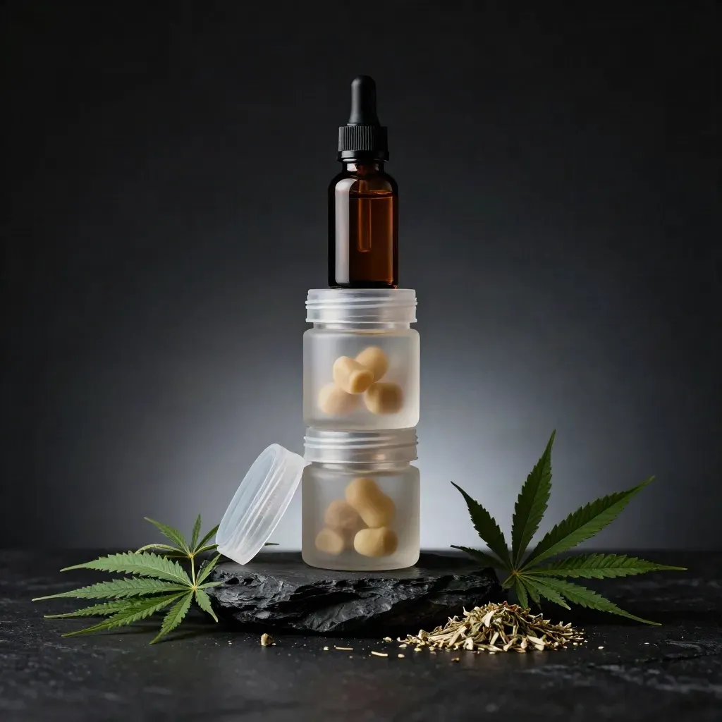 Unbranded CBD tincture, gummies, and capsules stacked on dark stone with herbs and haze.