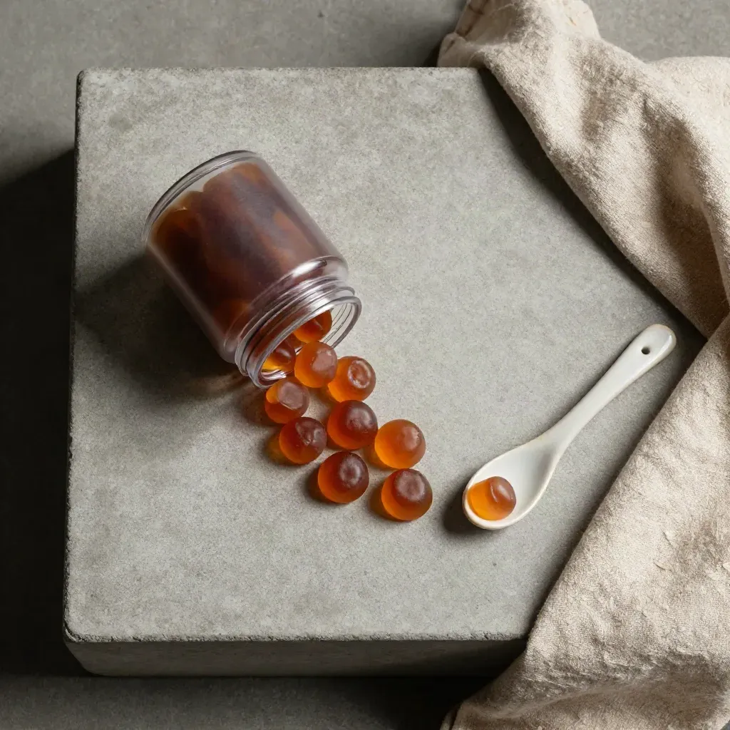 Overhead flatlay of sleep gummies jar, crescent of gummies, ceramic spoon, and linen on concrete.