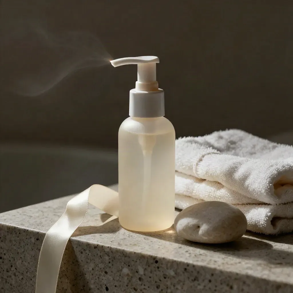 Macro CBD lotion pump with cream ribbon, cotton, stone and soft steam on a spa shelf.